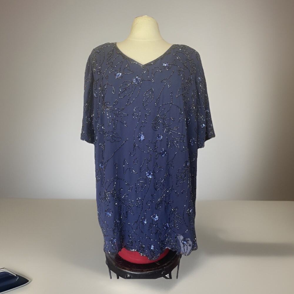 Roamans 1X Royal Navy Blue Intricate Bead & Sequin Short Sleeve Dressy Lined EUC